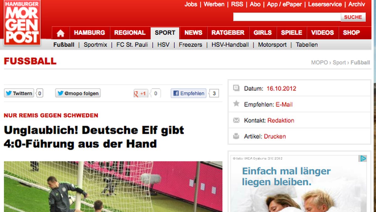 Otroligt! Tyska elvan tappar fyramålsledning, skriver Hamburger Morgenpost.